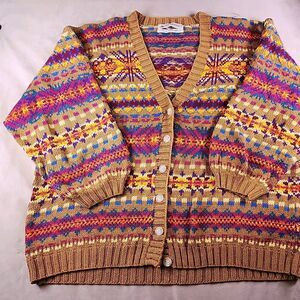 Roo Crossing Fair Isle Knit Cardigan Sweater Button Multicolor Tan Size M/L